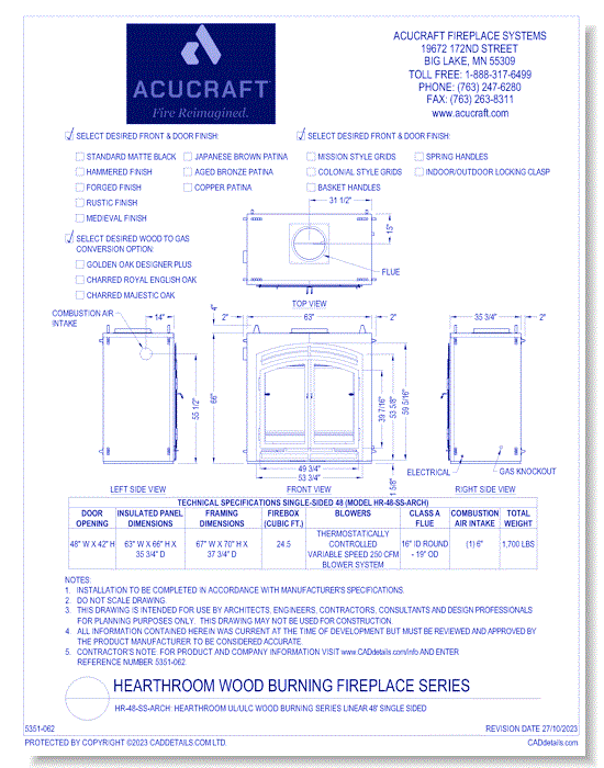 HR-48-SS-ARCH: Hearthroom UL/ULC Wood Burning Series Linear 48' Single Sided