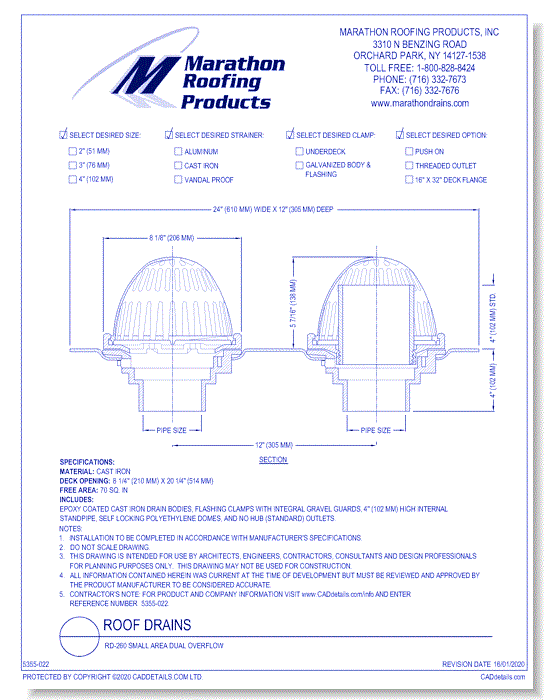 Roof Drains: RD-260 Small Area Dual Overflow