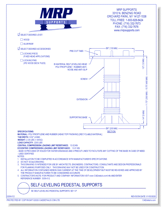 SE Self-Leveling Pedestal Supports: SE11-P