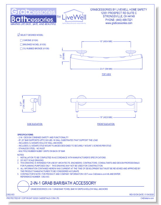 Grabcessories 2-in-1 Grab Bar Towel Bar w/ Grips & Hollow Wall Anchors