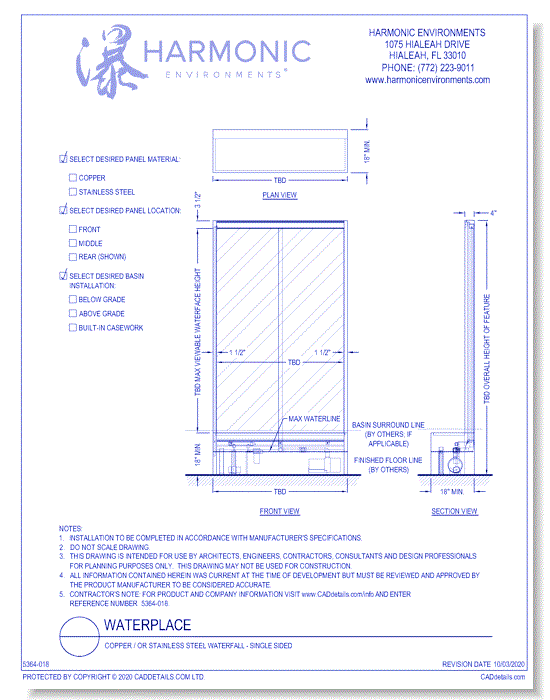 Waterplace: Built-In Copper / Or Stainless Steel Waterfall - Single Sided