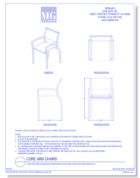 Core Stacking Aluminum Quarter Back Sling Arm Chair with Teak Arms (#311)