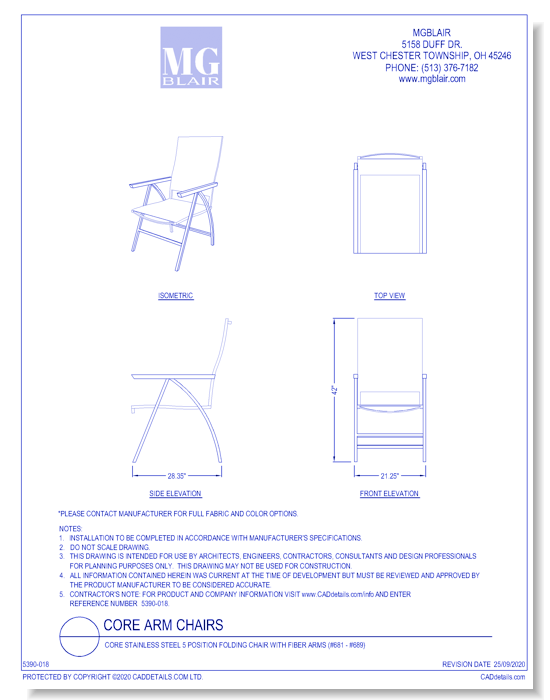 Core Stainless Steel 5 Position Folding Chair with Fiber Arms (#681 - #689)