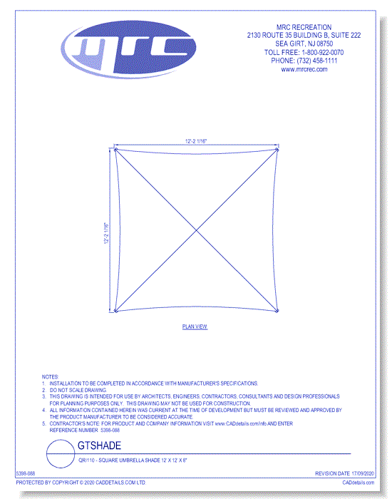 GameTime: Square Umbrella Shade 12’ x 12’ x 8" (QRI110)
