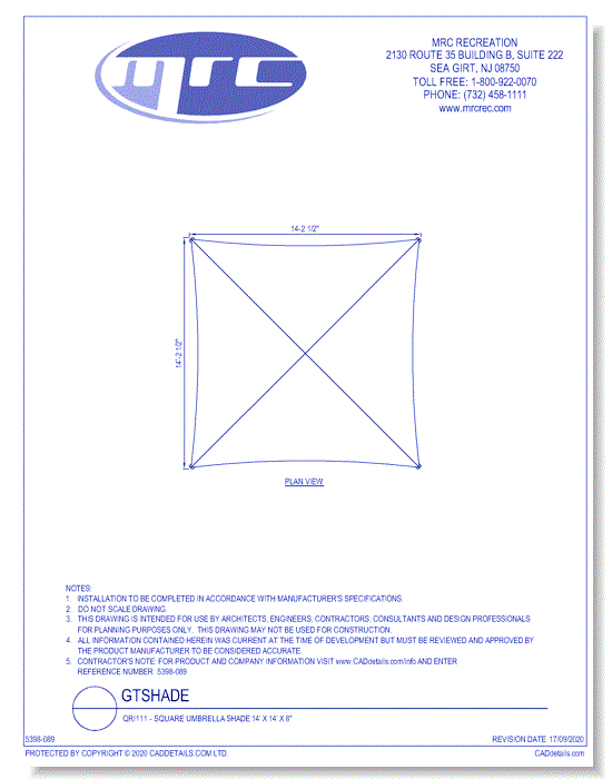 GameTime: Square Umbrella Shade 14’ x 14’ x 8" (QRI111)