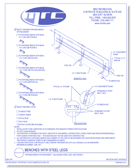 National Recreation Systems: Portable Bench With Backrest - Galvanized Steel Legs (BE-PG00600)