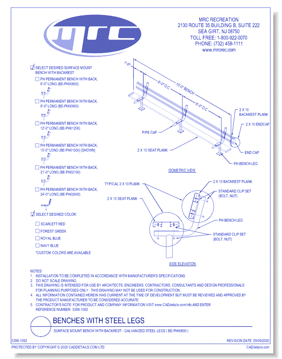 National Recreation Systems: Surface Mount Bench With Backrest - Galvanized Steel Legs (BE-PH00600)