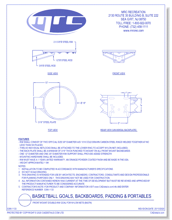 Bison: Front Mount Double-Rim Goal For Nylon Nets (BA37N)