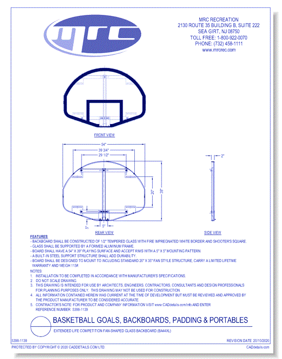Bison: Extended Life Competition Fan-Shaped Glass Backboard (BA44XL)