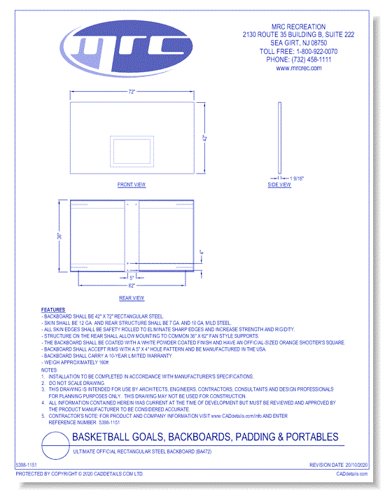 Bison: Ultimate Official Rectangular Steel Backboard (BA472)
