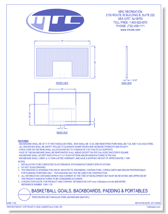 Bison: Perforated Rectangular Steel Backboard (BA472PC)