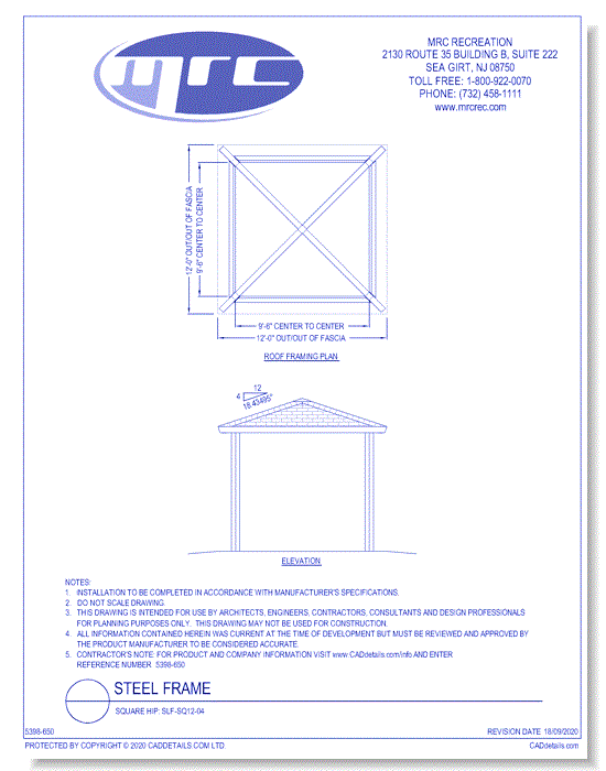 RCP Shelters: Steel Frame-Square Hip (SLF-SQ12-04)