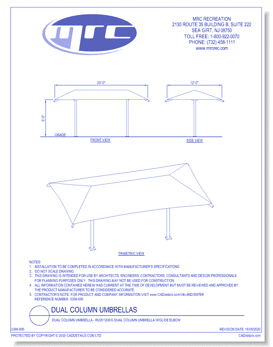 Superior Shade: 20' x 12' Dual Column Umbrella With 8' Height, Glide Elbow™, And In-Ground Mount