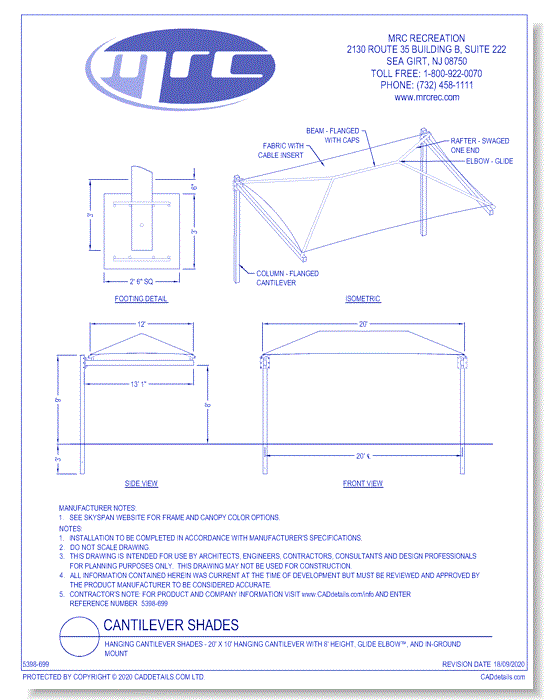 Superior Shade: 20' x 12' Hanging Cantilever With 8' Height, Glide Elbow™, And In-Ground Mount
