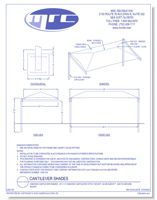 Superior Shade: 20' x 10' Hanging Cantilever With 8' Height, Glide Elbow™, And In-Ground Mount 