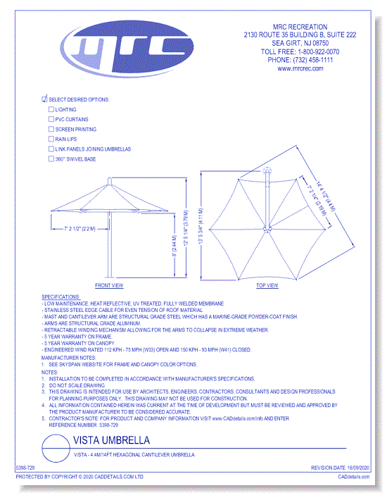 Superior Shade: Vista - 4.4M / 14ft Hexagonal Cantilever Umbrella