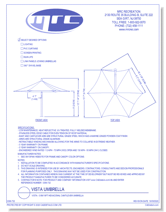 Superior Shade: Vista - 5.6M / 18ft Hexagonal Cantilever Umbrella