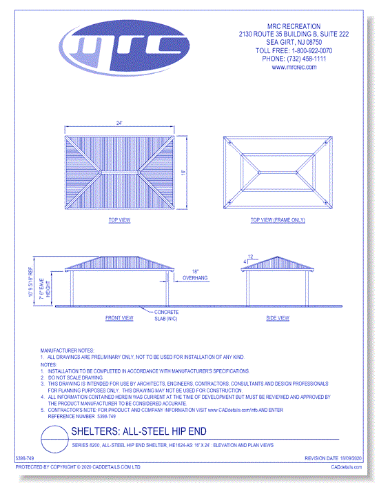 Superior Shelter & Amenities: Series 8200, All-Steel Hip End Shelter, 16' x 24' Elevation And Plan Views (HE1624-AS)