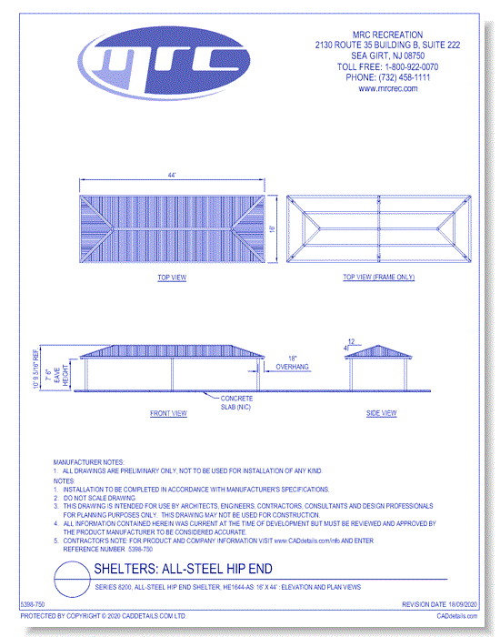 Superior Shelter & Amenities: Series 8200, All-Steel Hip End Shelter, 16' x 44' Elevation And Plan Views (HE1644-AS)