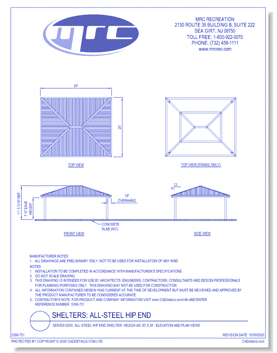 Superior Shelter & Amenities: Series 8200, All-Steel Hip End Shelter, 20' x 24' Elevation And Plan Views (HE2024-AS)