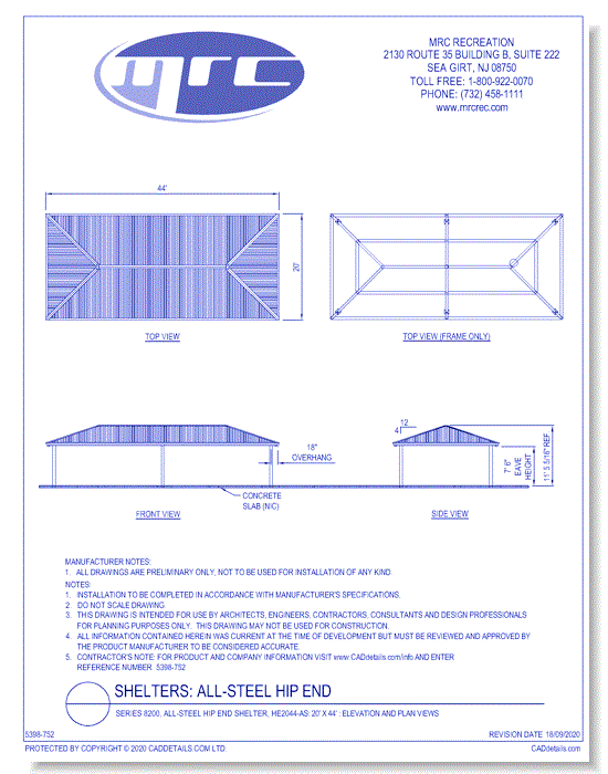 Superior Shelter & Amenities: Series 8200, All-Steel Hip End Shelter, 20' x 44' Elevation And Plan Views (HE2044-AS)