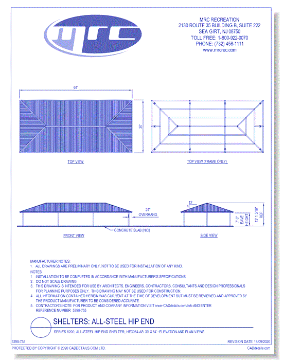 Superior Shelter & Amenities: Series 8200, All-Steel Hip End Shelter, 30' x 64' Elevation And Plan Views (HE3064-AS)