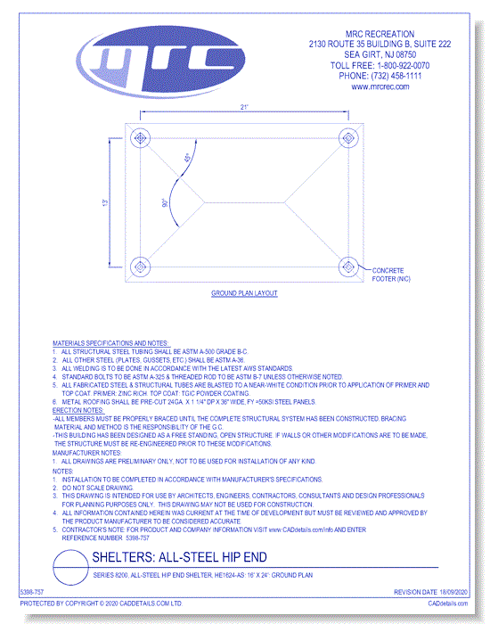 Superior Shelter & Amenities: Series 8200, All-Steel Hip End Shelter, 16' x 24' Ground Plan (HE1624-AS)