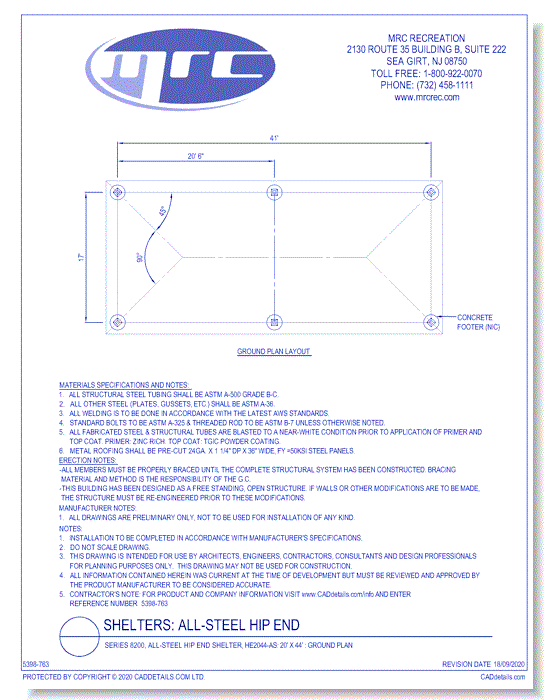 Superior Shelter & Amenities: Series 8200, All-Steel Hip End Shelter, 20' x 44' Ground Plan (HE2044-AS)