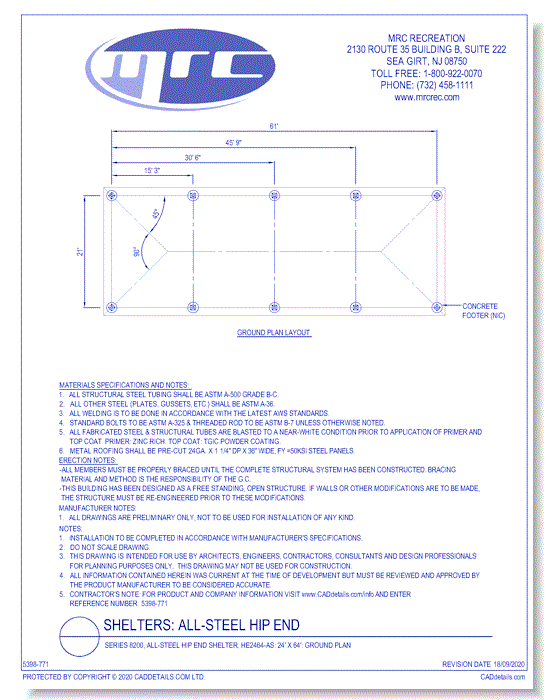 Superior Shelter & Amenities: Series 8200, All-Steel Hip End Shelter, 24' x 64' Ground Plan (HE2464-AS)