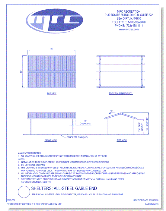 Superior Shelter & Amenities: Series 8300, All-Steel Gable End Shelter, 16' x 24' Elevation And Plan Views (GE1624-AS)
