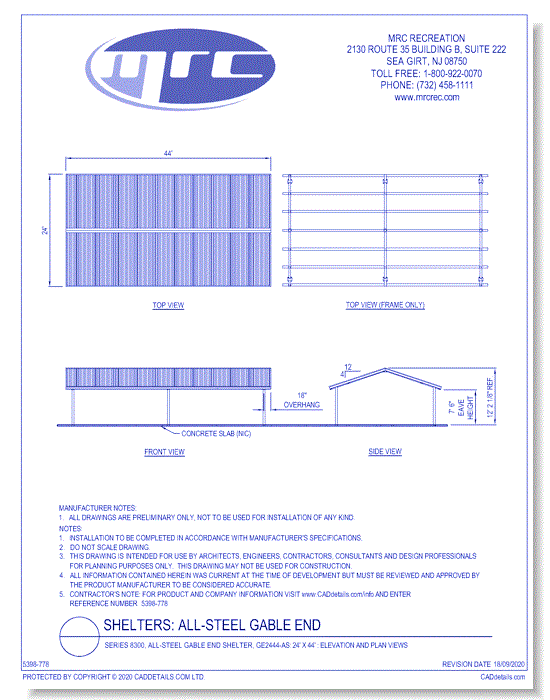 Superior Shelter & Amenities: Series 8300, All-Steel Gable End Shelter, 24' x 44' Elevation And Plan Views (GE2444-AS)