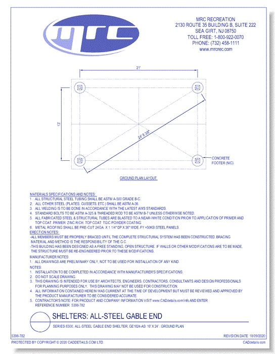 Superior Shelter & Amenities: Series 8300, All-Steel Gable End Shelter, 16' x 24' Ground Plan (GE1624-AS)