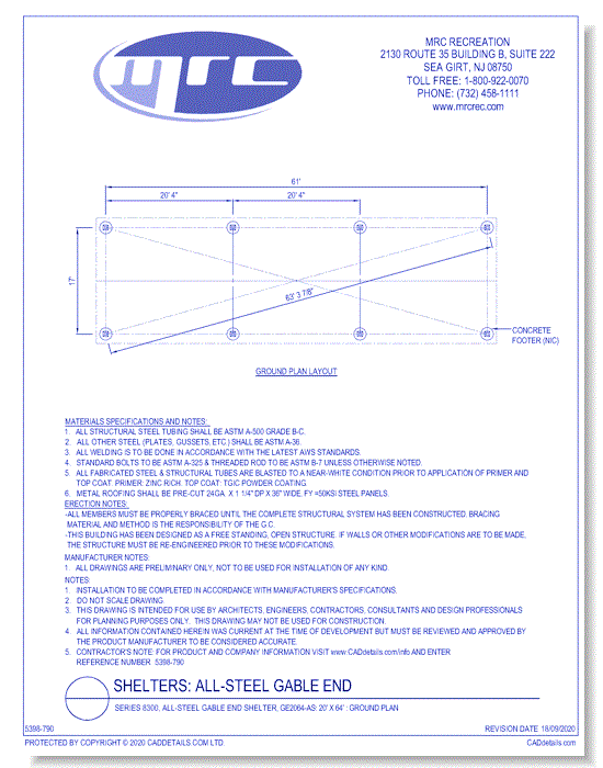 Superior Shelter & Amenities: Series 8300, All-Steel Gable End Shelter, 20' x 64' Ground Plan (GE2064-AS)