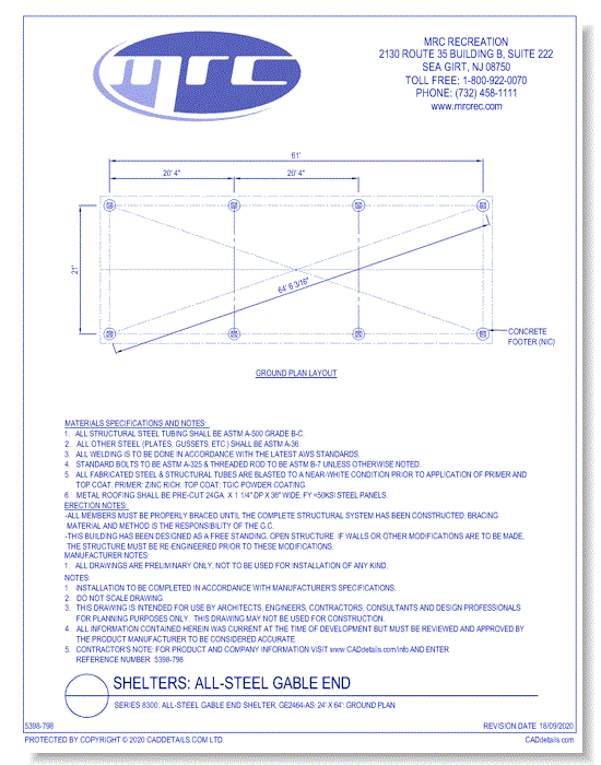 Superior Shelter & Amenities: Series 8300, All-Steel Gable End Shelter, 24' x 64' Ground Plan (GE2464-AS)