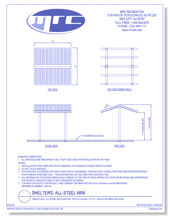 Superior Shelter & Amenities: Series 8400, All-Steel Mini Shelter, 10' x 10' Elevation And Plan Views (CPG1010-AS-SM)