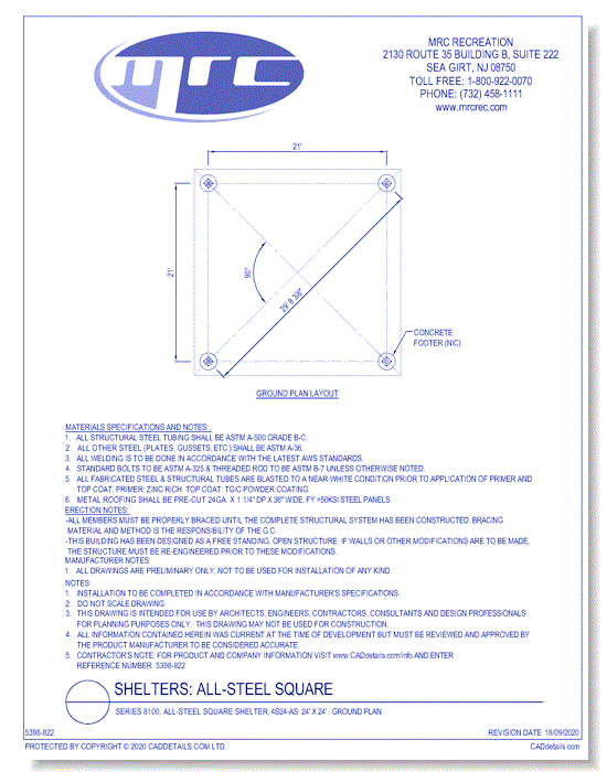 Superior Shelter & Amenities: Series 8100, All-Steel Square Shelter, 24' x 24' Ground Plan (4S24-AS)