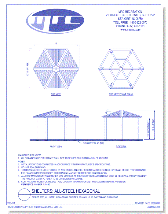 Superior Shelter & Amenities: Series 8000, All-Steel Hexagonal Shelter, 16' Elevation And Plan Views (6S16-AS)