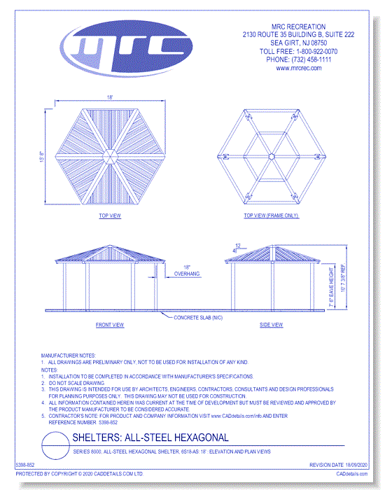 Superior Shelter & Amenities: Series 8000, All-Steel Hexagonal Shelter, 18' Elevation And Plan Views (6S18-AS)