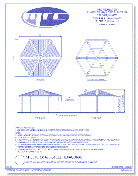 Superior Shelter & Amenities: Series 8000, All-Steel Hexagonal Shelter, 20' Elevation And Plan Views (6S20-AS)