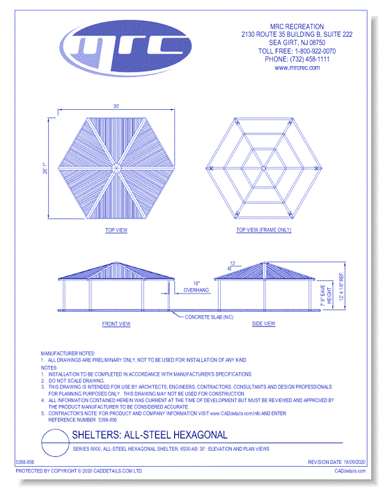 Superior Shelter & Amenities: Series 8000, All-Steel Hexagonal Shelter, 30' Elevation And Plan Views (6S30-AS)