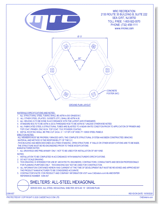 Superior Shelter & Amenities: Series 8000, All-Steel Hexagonal Shelter, 16' Ground Plan (6S16-AS)