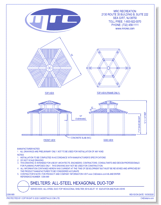 Superior Shelter & Amenities: Series 8000, All-Steel Duo-Top Hexagonal Shelter, 16' Elevation And Plan Views (6S16-AS-2T)