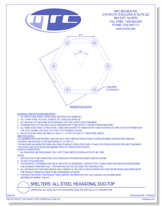 Superior Shelter & Amenities: Series 8000, All-Steel Duo-Top Hexagonal Shelter, 20' Ground Plan (6S20-AS-2T)