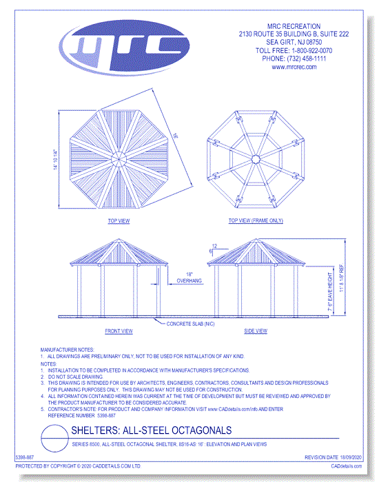 Superior Shelter & Amenities: Series 8500, All-Steel Octagonal Shelter, 16' Elevation And Plan Views (8S16-AS)