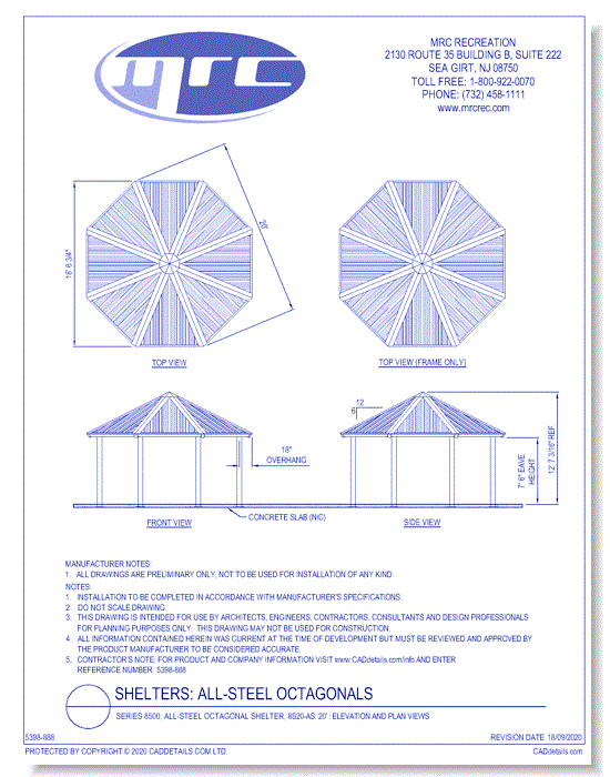 Superior Shelter & Amenities: Series 8500, All-Steel Octagonal Shelter, 20' Elevation And Plan Views (8S20-AS)
