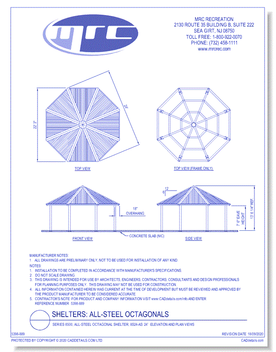 Superior Shelter & Amenities: Series 8500, All-Steel Octagonal Shelter, 24' Elevation And Plan Views (8S24-AS)