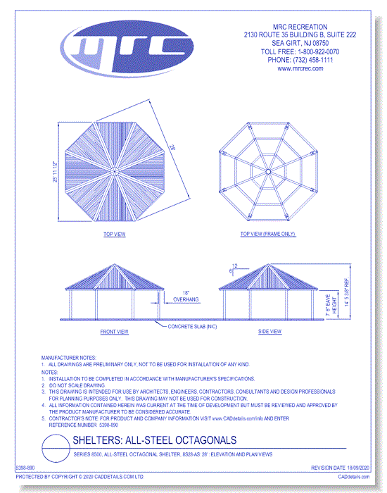 Superior Shelter & Amenities: Series 8500, All-Steel Octagonal Shelter, 28' Elevation And Plan Views (8S28-AS)
