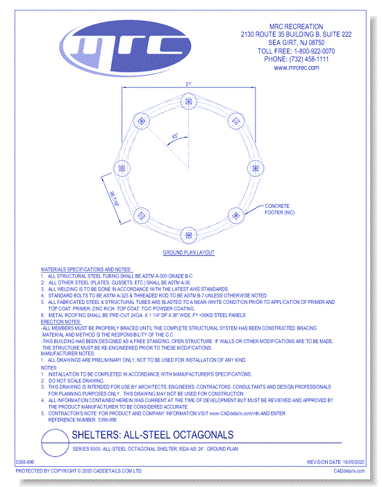 Superior Shelter & Amenities: Series 8500, All-Steel Octagonal Shelter, 24' Ground Plan (8S24-AS)