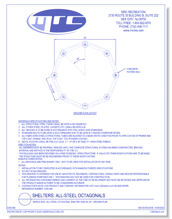 Superior Shelter & Amenities: Series 8500, All-Steel Octagonal Shelter, 28' Ground Plan (8S28-AS)