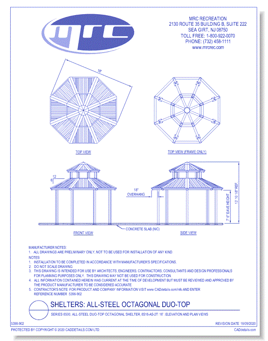 Superior Shelter & Amenities: Series 8500, All-Steel Duo-Top Octagonal Shelter, 16' Elevation And Plan Views (8S16-AS-2T)